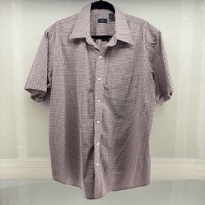 Arrow Men's Large Short Sleeve Button Up Red Gray White Plaid Poplin Shirt